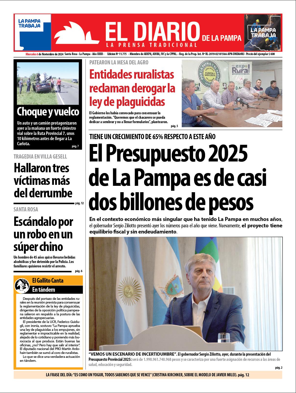 Tapa de El Diario en papel  mieacutercoles 06 de noviembre de 2024